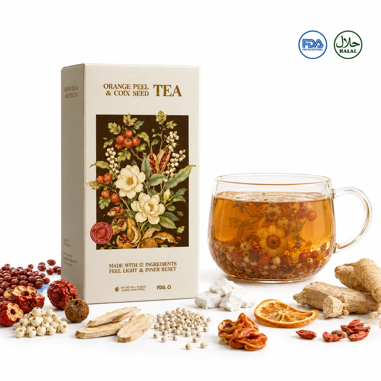 Orange Peel Adzuki Bean & Coix Seed Tea Sealed Pack｜Desk Essential for daily debloat｜Golden Ratio Coix & Adzuki with Orange Peel｜Feel light and Comfort All Day｜15 Bags