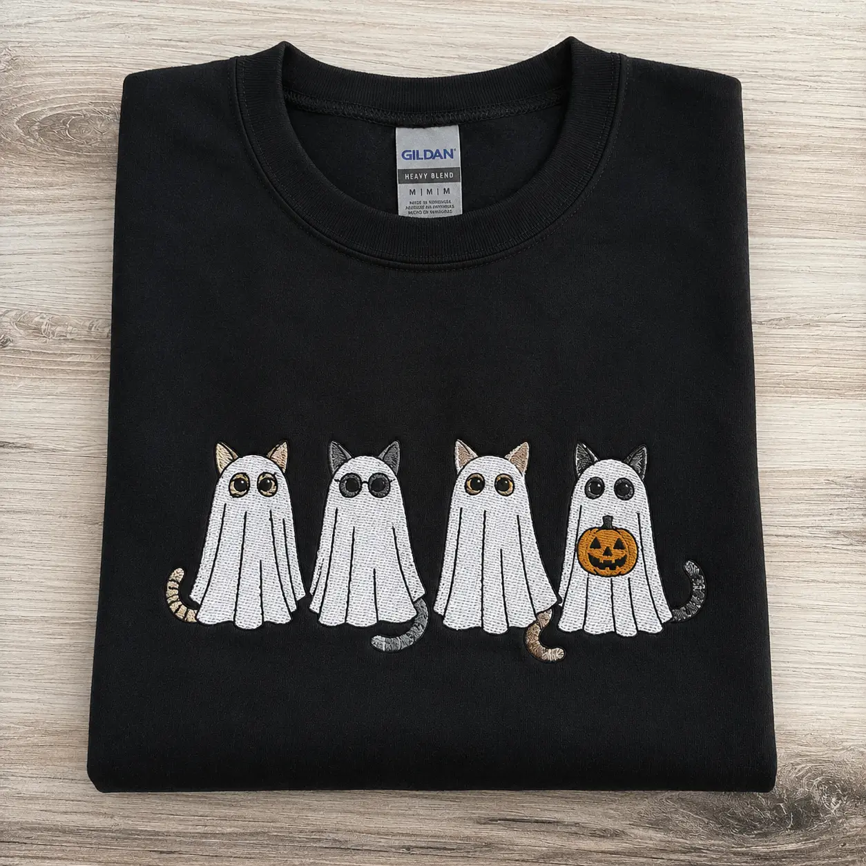 Ghost Cat Embroidered Sweatshirt, Cute Glitter Kitty Halloween Pumpkin Crewneck