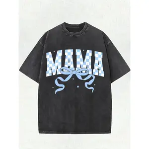 Men'S Retro Washed T-Shirt Made of 100%, Weighing 220G, Featuring a Loose Fit And Short Sleeves. It Has a Blue And White Checkered Bow Print, a Round Neck, And Is Perfect for Casual Summer Wear. Ideal for Daily Outings