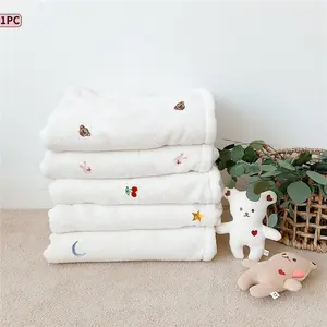 1pc Baby Embroidered Coral Fleece Blanket, Soft Skin-Friendly Nap Blanket, Stroller Blanket, Air Conditioning Blanket, Newborn Gift