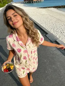 Women's Short Sleeve Pyjama Set, Tulip Floral All over Print, Comfortable Breathable Casual Home Wear, Slim Fit Two-Piece Sleepwear