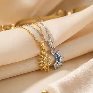Titanium Steel Sun Moon Couple Necklace | Gold Silver CZ Pendant | Gift for Her