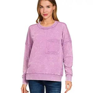 Zenana French Terry Acid Wash Front Pocket Pullover