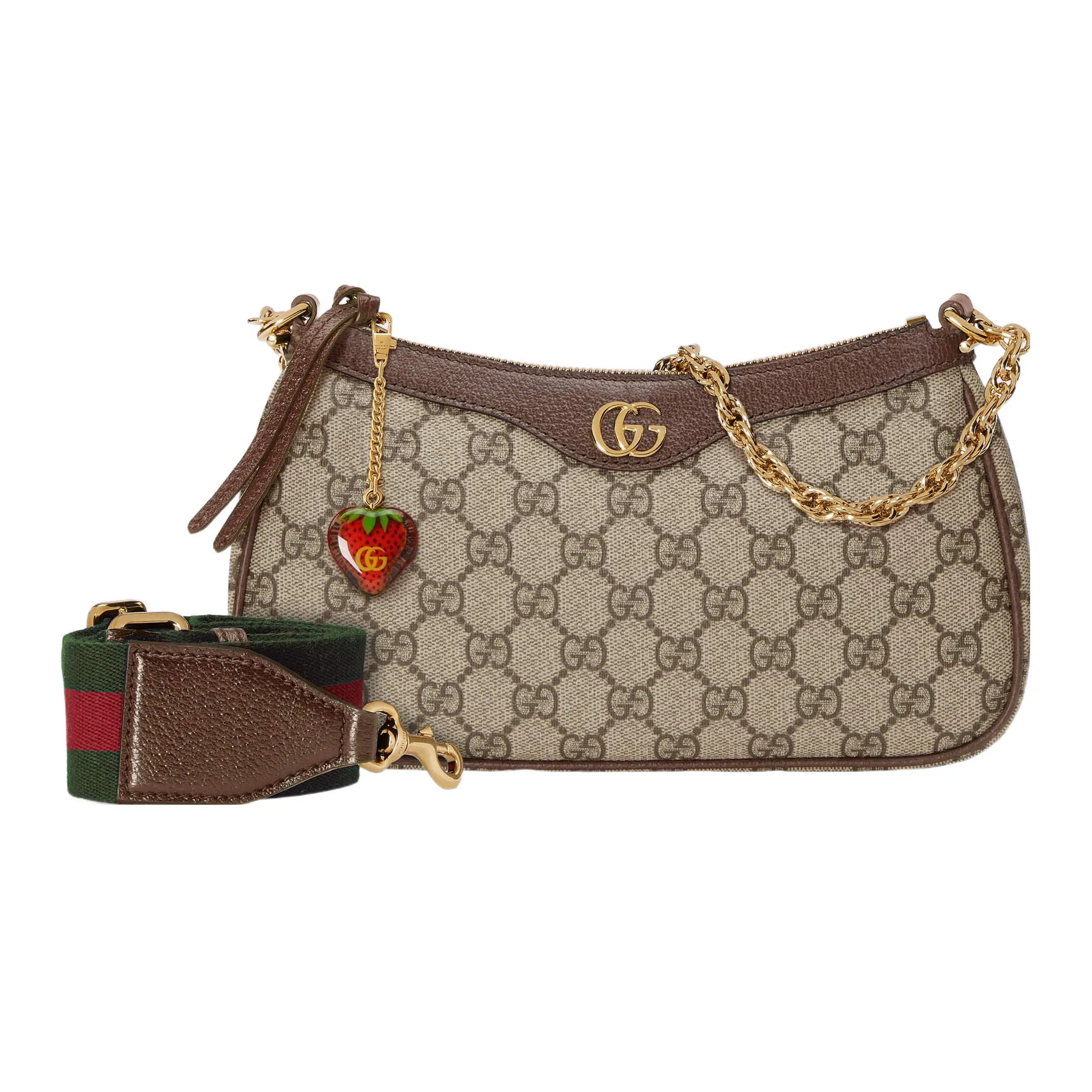 Gucci Ophidia Strawberry Logo Charm Chain Bag for Women – Monogram Canvas and Leather Trim, Red