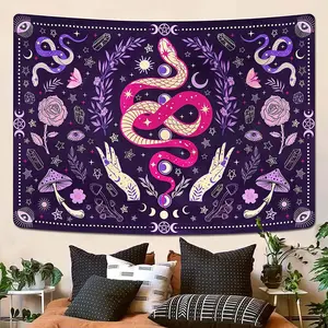 Bohemian Peach Skin Velvet Tapestry Wall Hanging - Vibrant Snake & Floral Design, Soft & Wrinkle-Resistant Polyester Blend, Perfect for Indoor Decor, Living Room, Christmas, New Year, and Party Gatherings, Cute Decor
