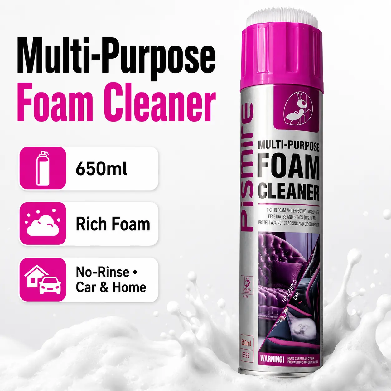 Multi-Purpose Foam Cleaner, 650ml No-Rinse Car Interior & Home Surface Cleaner for Seats, Sofa, Carpet & Kitchen