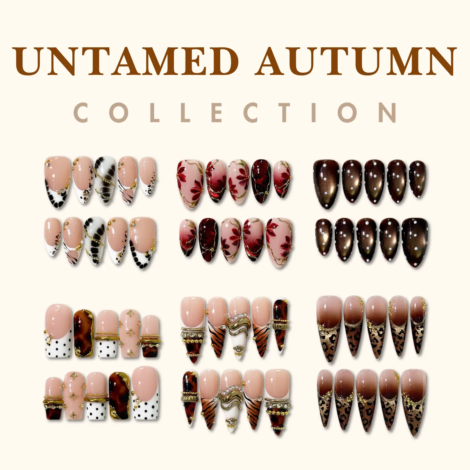 NailPhoria UNTAMED AUTUMN COLLECTION - Handmade Press-On Nails | Reusable, Salon-Quality, Long-Lasting, Glossy Design Nail Art Decoration