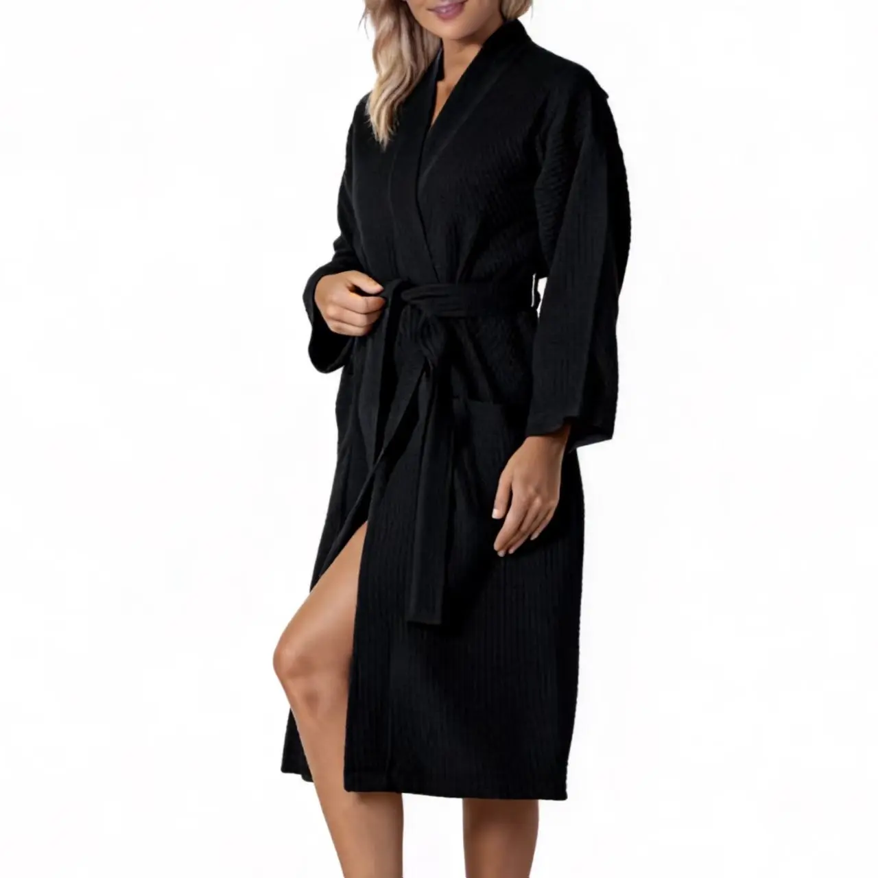 Women’s Waffle Knit Bathrobe – Long Sleeve Wrap Robe with Adjustable Belt Tie & Deep Pockets, Soft Breathable Spa Loungewear, Lightweight Comfortable Pajamas, Minimalist Home Clothes, Stylish All-Season Lounge Wear