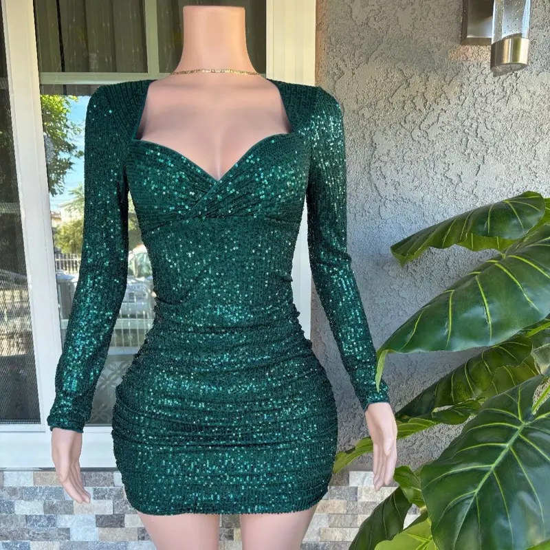Women's Angie Emerald/Champagne Sequin Long Sleeve Bodycon Mini Dress