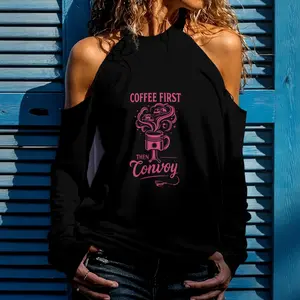 Coffee First Then Convoy Cold Shoulder Top for Women Stylish Black Halter Neck Design with Pink Graphic