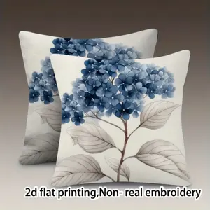 2pcs Bohemian Farmhouse Throw Pillow Covers Blue Hydrangea Lily Plant Print 18*18 Inch Double Sided Printed - Off White Cushion Cases with Zipper Closure, Navy Pink Lilac Floral Pattern for Couch Bed Porch/Outdoor Decor