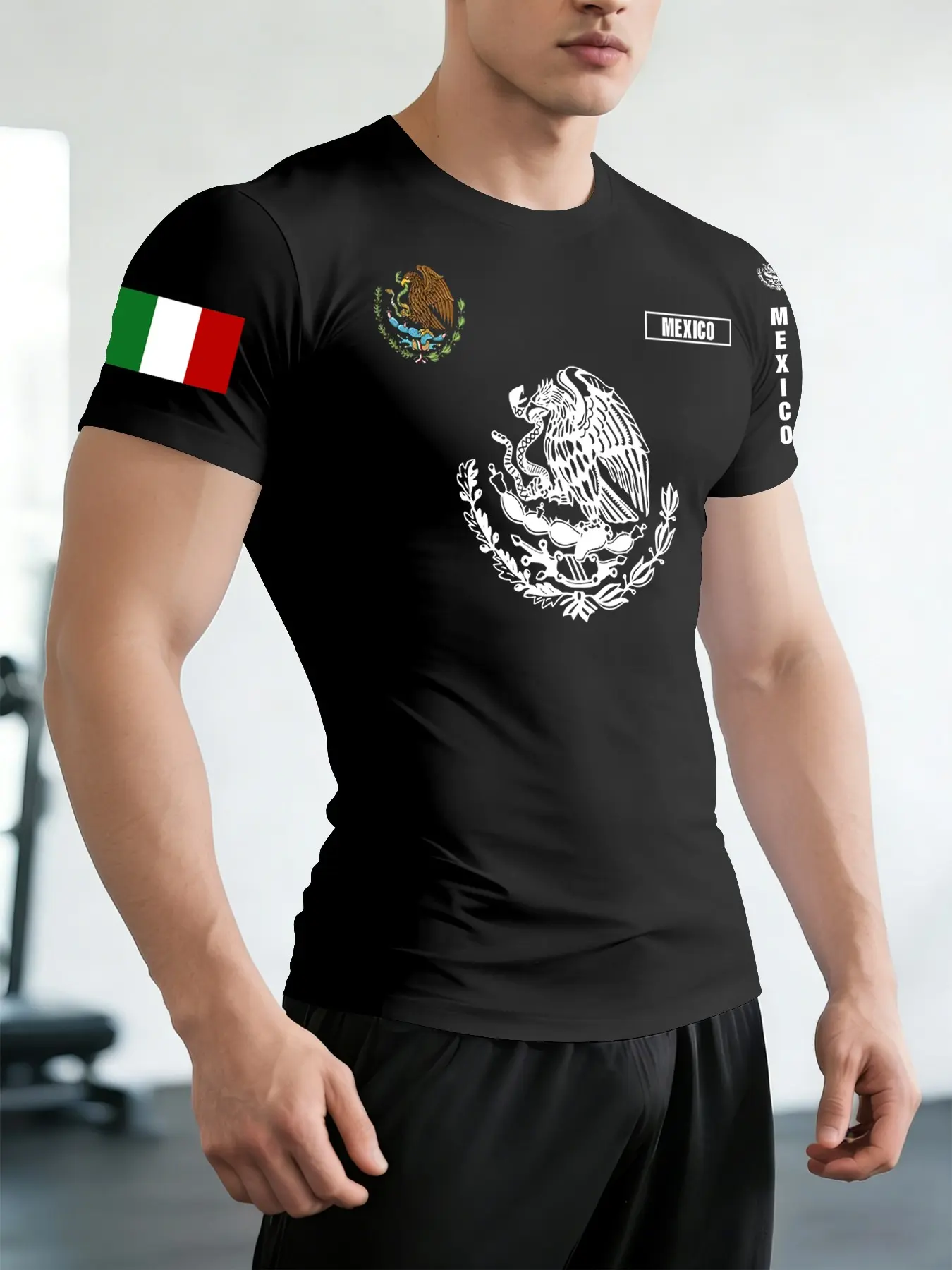 Men's Mexican Coat of Arms Short Sleeve T-Shirt, Casual Round Neck Top, Casual Sportswear, Casual Sports Tops, Comfortable Fashion, Ideal for Daily Fitness and Sports