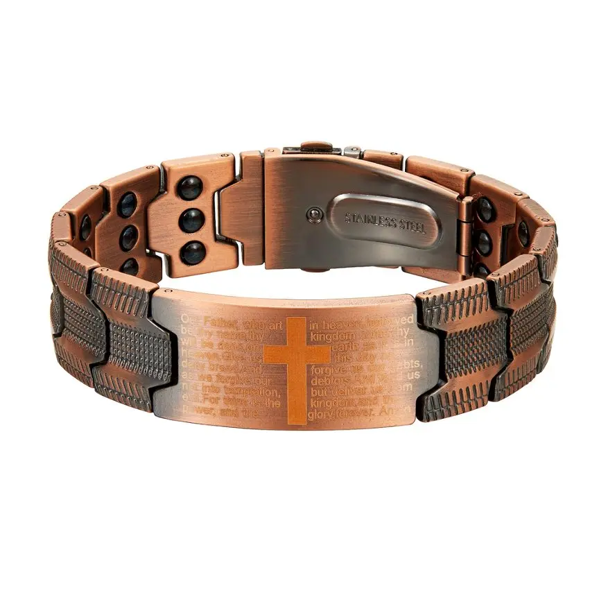 Men's 99.99% Pure Metal Copper Watch Link Bracelet - 20mm Wide, 8in Chain, 3-Row 3500 Gauss NdFeB Magnetic Therapy Design, Religious Biblical Scripture "Peace & Good Luck" Engraved, Choking Hazard Contains Small Ball, for Everyday Wear
