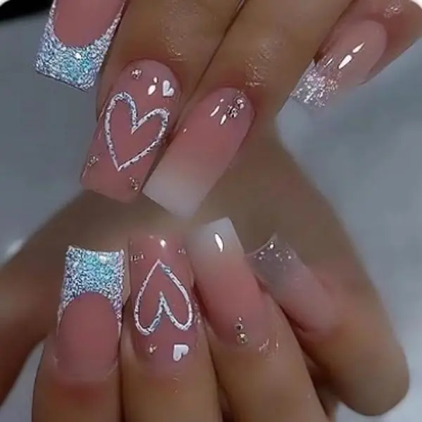 SINSEN Square Press on Nails Medium Length Heart Design Glossy Pink Fake Nails with Adhesive Glue Stickers, Reusable Stick on Nails 12 Sizes, 24 Pcs