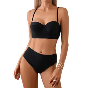 Women's Underwire High Waisted Bikini Set, 2‑Piece Longline Bustier Swimsuit (85% Polyester 15% Elastane)