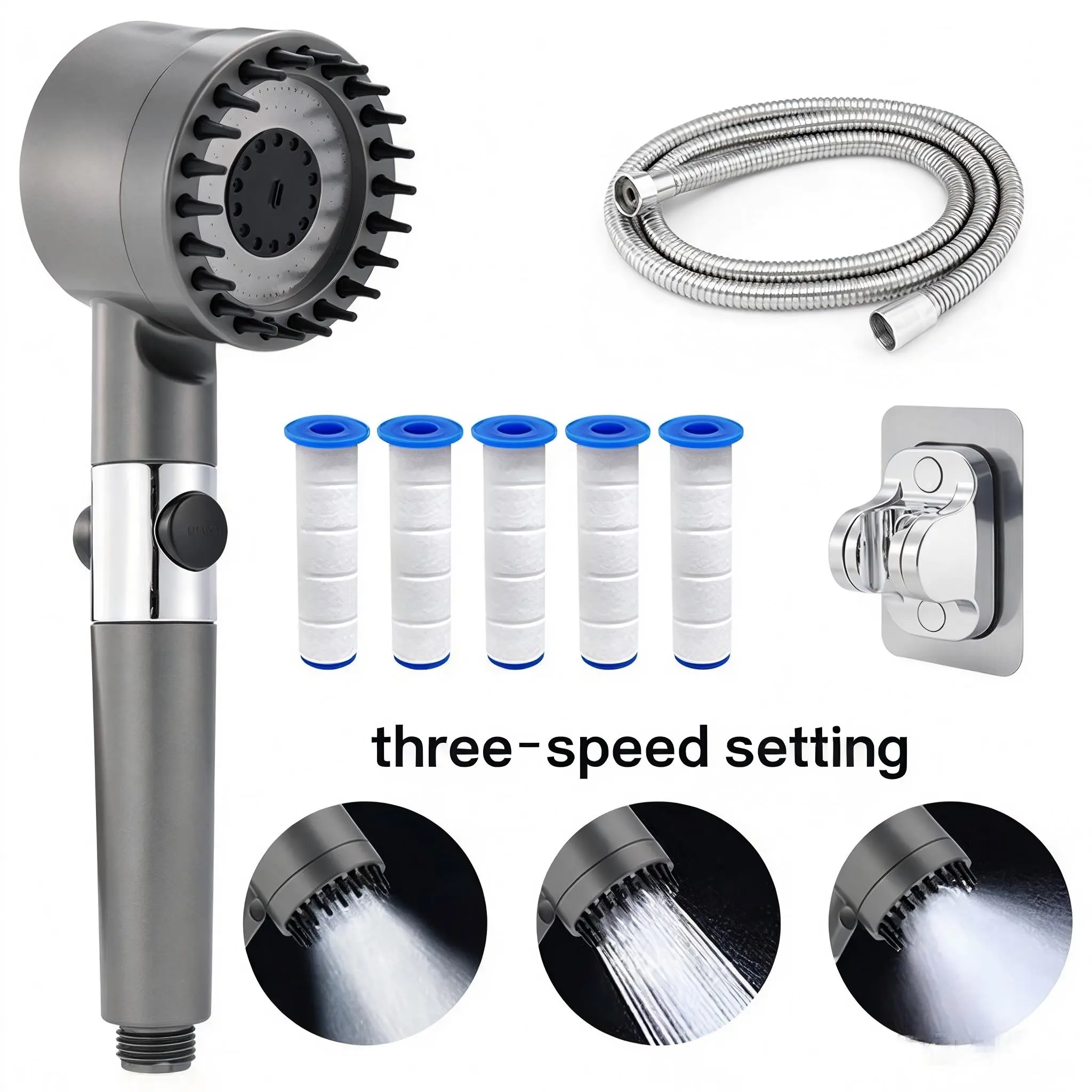 Handheld Filtered Shower Head, High Pressure 3 Spray Modes Showerhead, High Flow Works Even in Low Water Pressure, Includes 59" Hose, Bracket & Cotton Filters