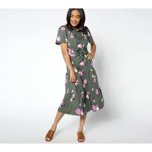QVC Women's Casual Denim & Co. Printed Poplin Tiered Shirt Dress with Pockets