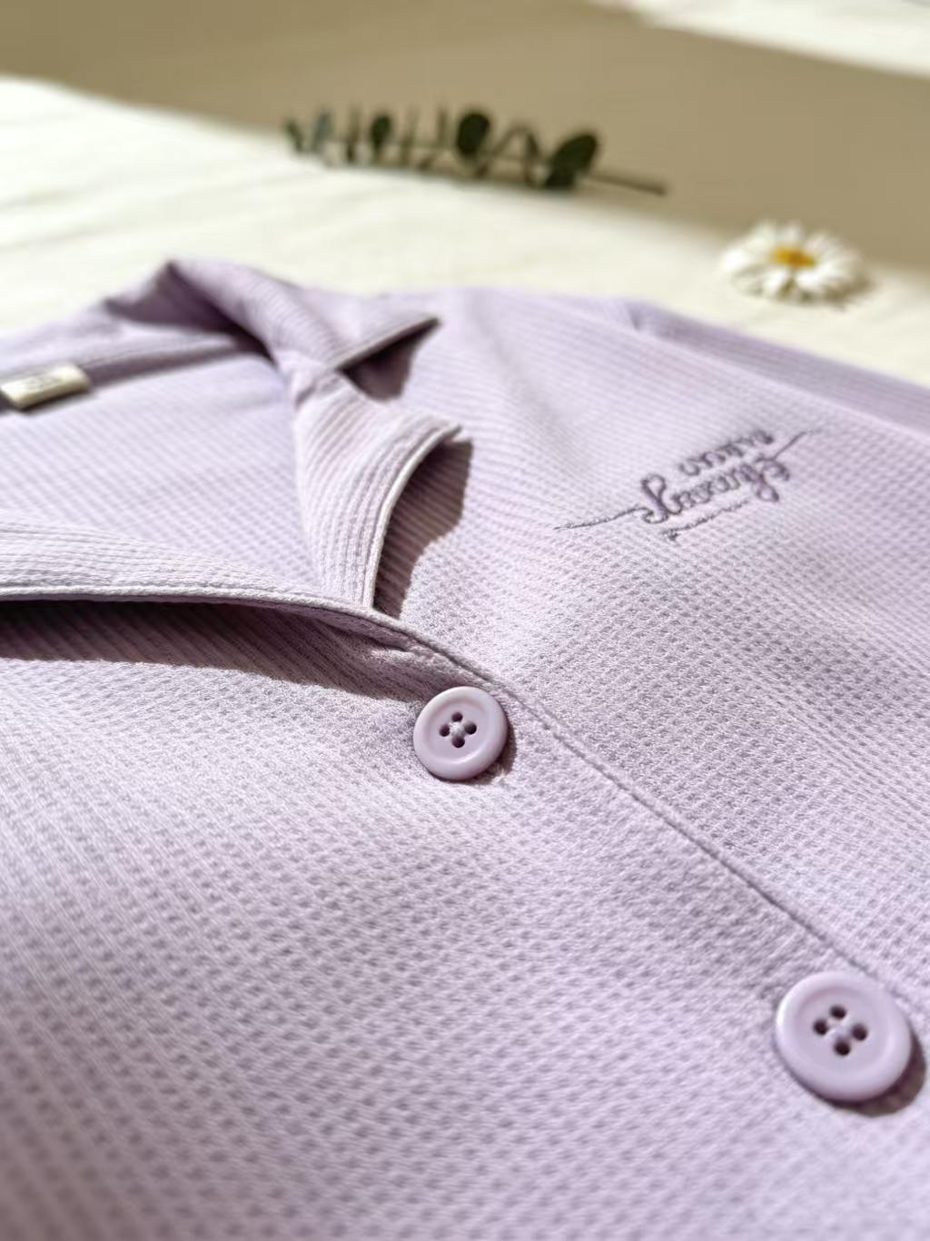 Cute Lavender Waffle Knit Pajama Set for Women  Long Sleeve Button Down Loungewear Sleep Set