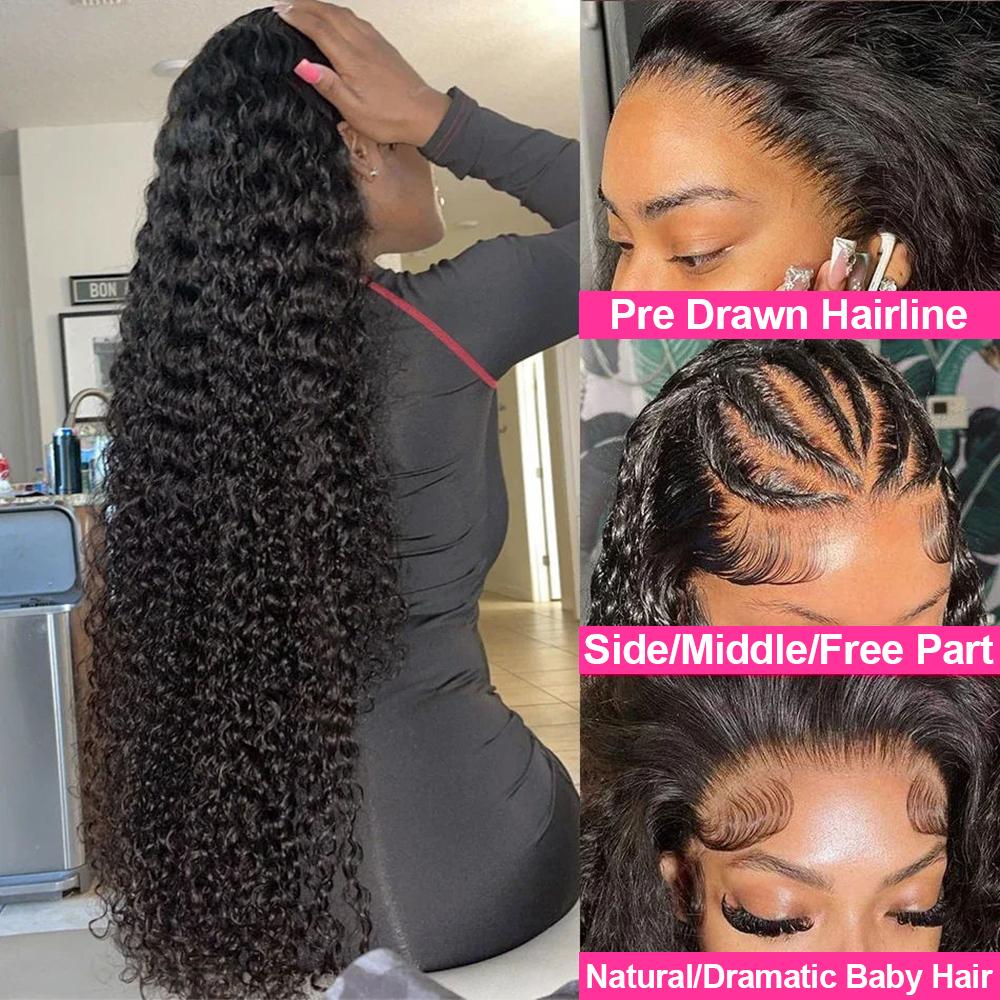 38Inch Deep Wave 13x6 Lace Front Wigs Drawstring Glueless Wig Human Hair 180 Density 13x4 HD Lace Frontal Wigs Human Hair Pre Plucked Deep Curly Glueless Wigs Human Hair for Women Natural Black