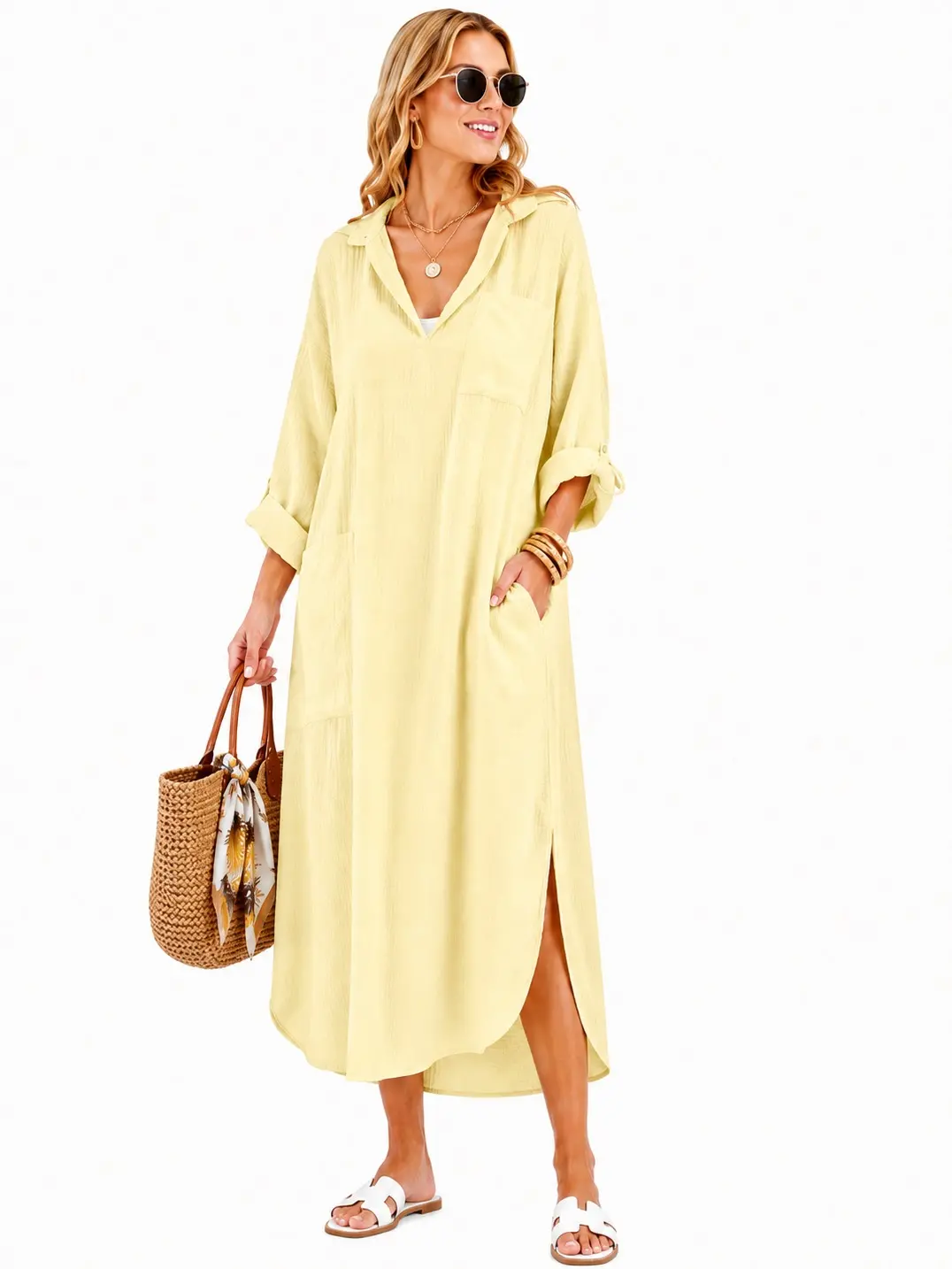 utcoco Womens Casual Loose Long Shirt Dress Side Split Dresses with Pockets Side Slit Design Long Sleeve Lightweight Lightweight Lightweight,summeroutfits,vacationoutfits,beachoutfits