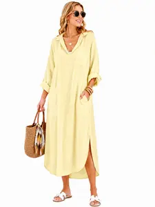 utcoco Womens Casual Loose Long Shirt Dress Side Split Dresses with Pockets Side Slit Design Long Sleeve Lightweight Lightweight Lightweight