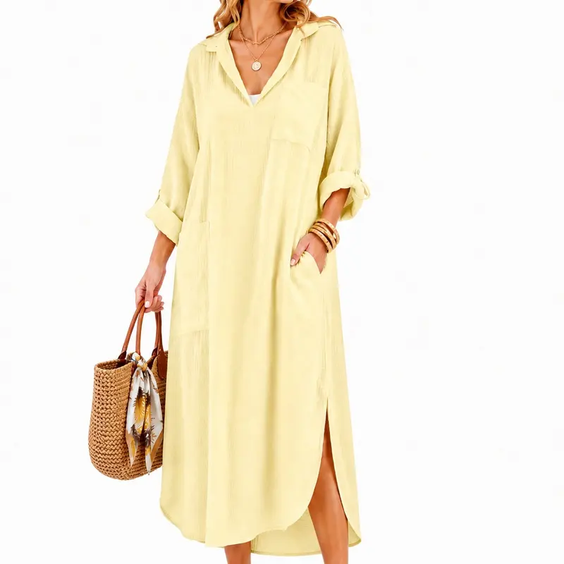 utcoco Women's Casual Basic Linen-Cotton Long Sleeve Shirt Dress - Women's Dresses, Loose Fit, Button Neck, Cuffed Sleeves, Side Split, Pockets, Lightweight, Party, Beach-Ready, Hang Dry