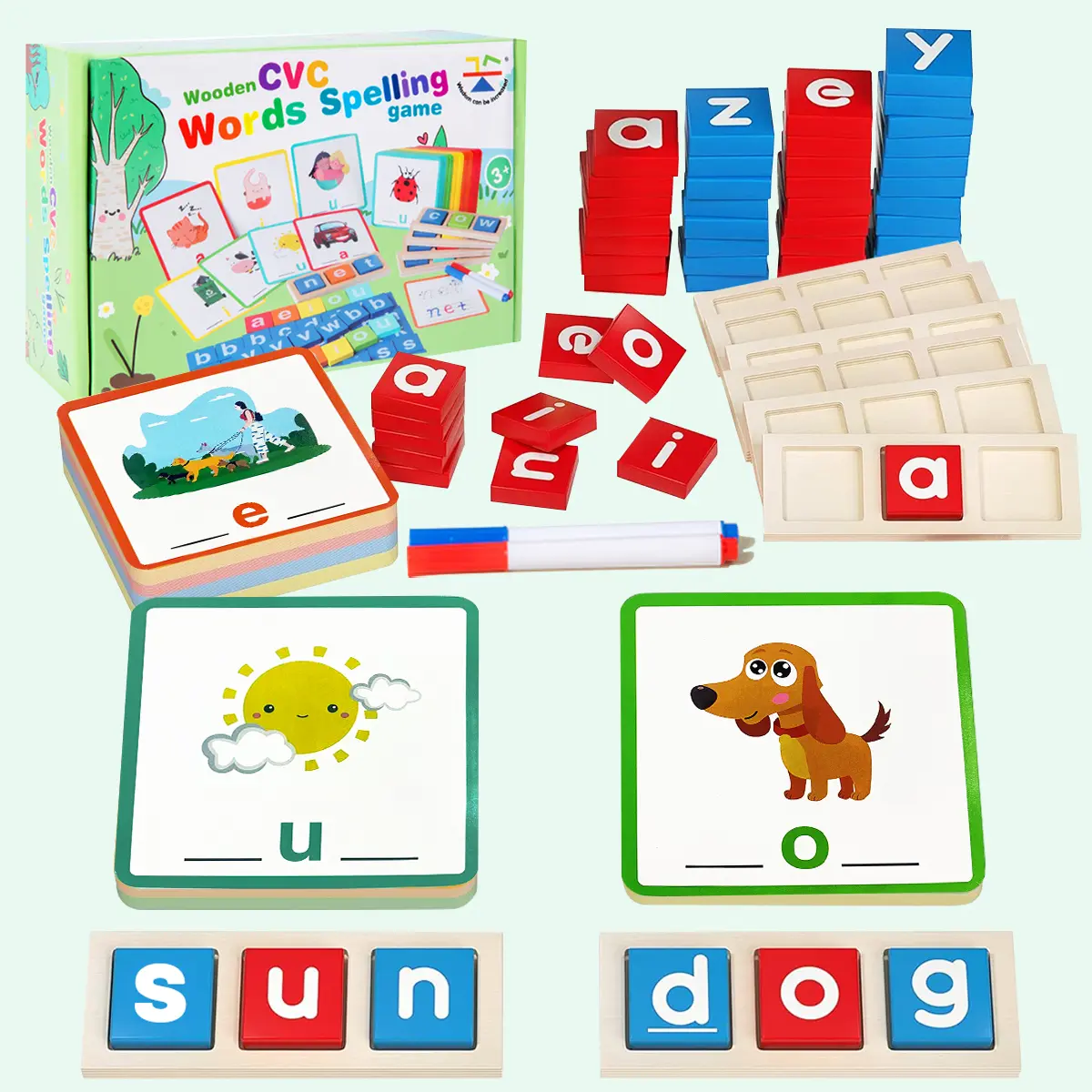 Wooden CVC Word Writing & Spelling Flash Cards, Preschool Learning Toddler Activities, Kindergarten Homeschool Supplies, Sight Words Reading Game, Montessori Educational Toys for 3 4 5 6 Year Old Kids