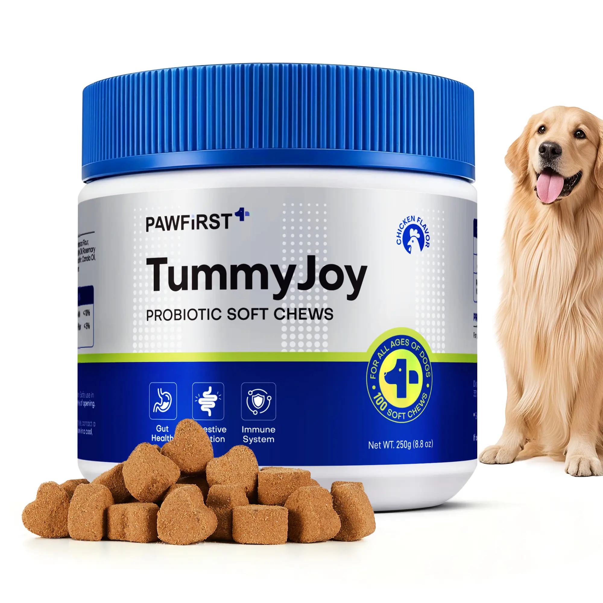 PawFirst Probiotics Chewables for Dogs - Chicken Flavor, 100ct Gut Health Supplement with Chicory Root Prebiotics, Digestive Enzymes, Pumpkin Fiber, Stool Firming, Immune Booster, 24-Month Shelf Life, Convenient Treat-Like Format
