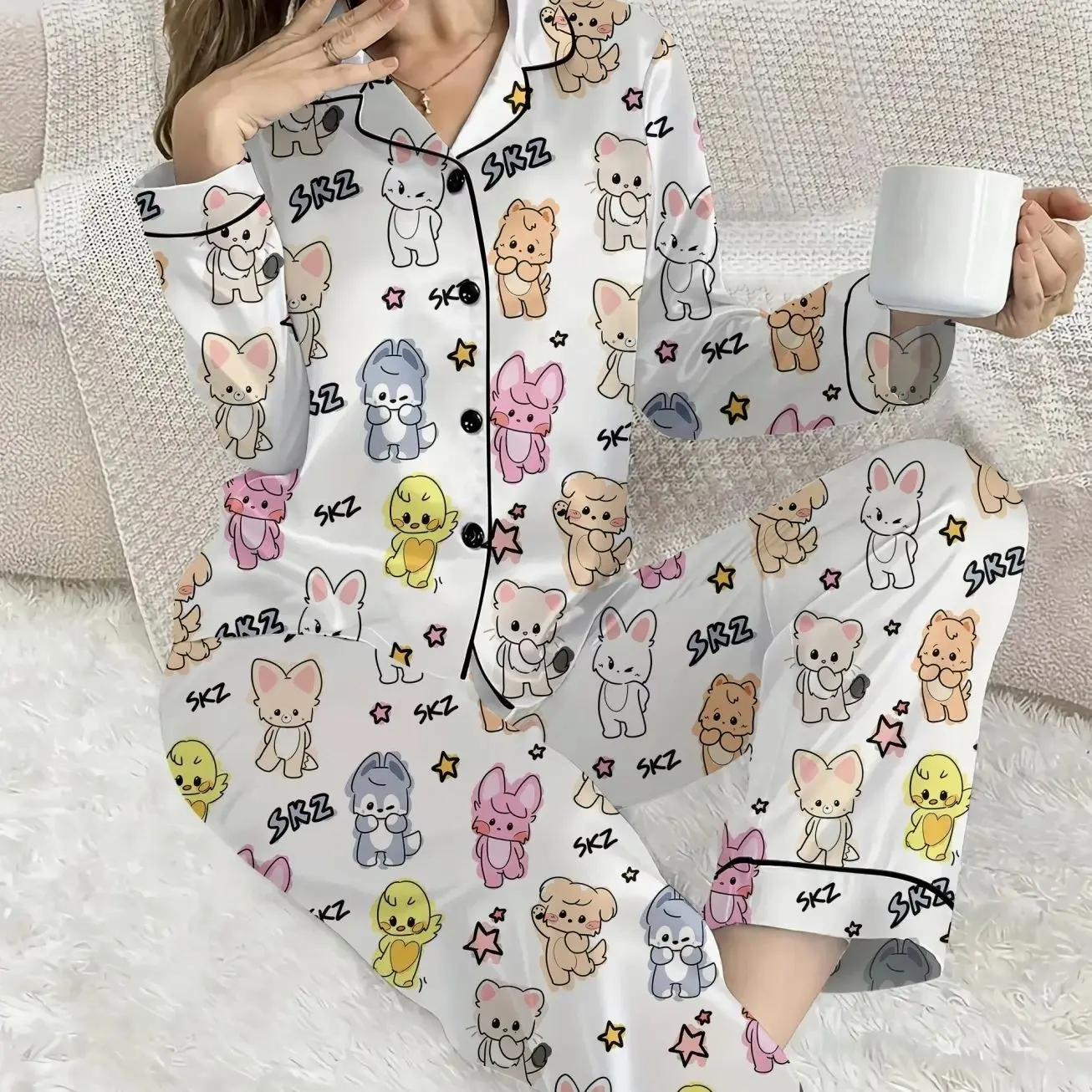 Kawaii SKZ Satin Pajama Set, Cute Animal Sleepwear, Gift For Fan, Kpop Music Pjs, Kpop Boy Group 2025