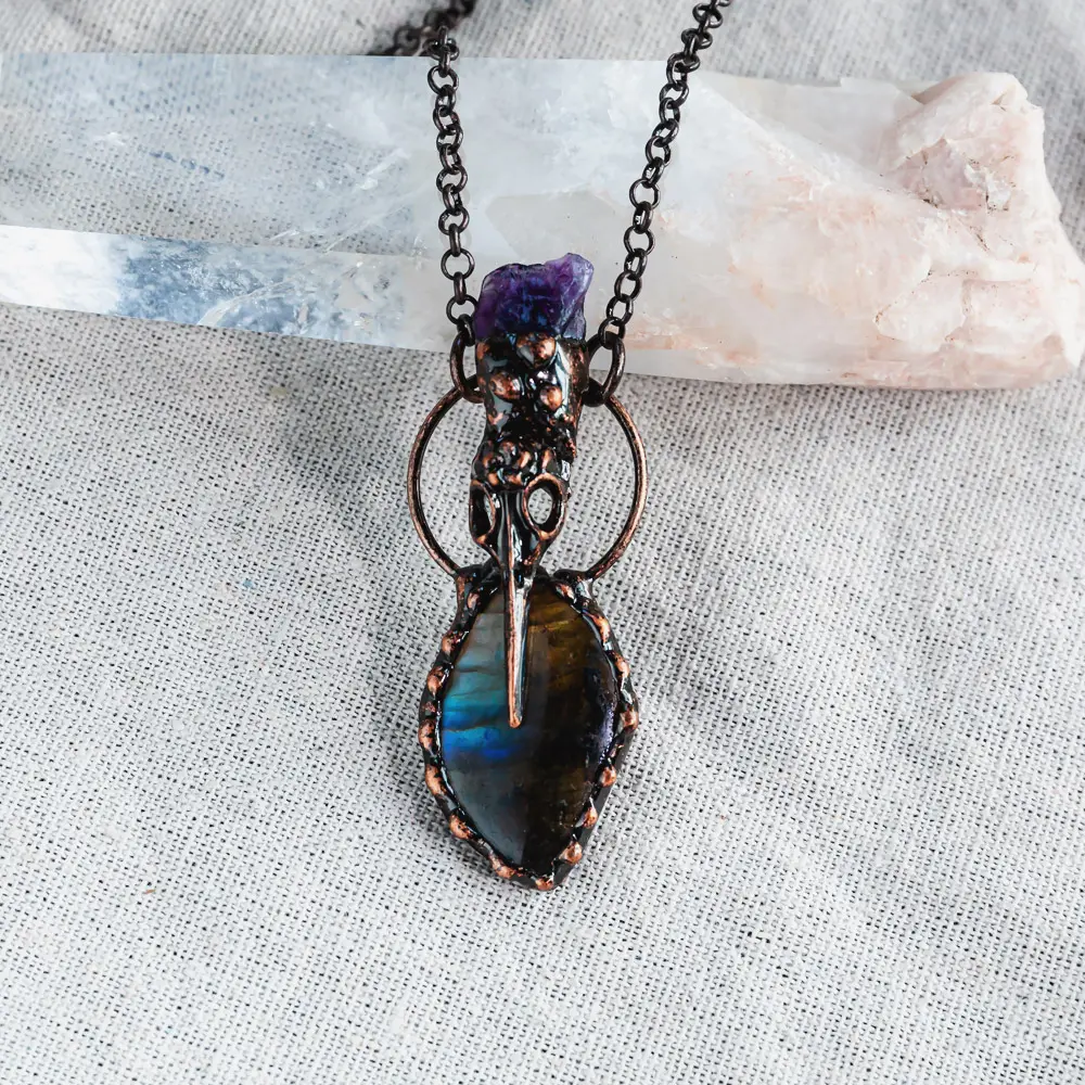 Mystic Crystal Set – Clear Quartz Star & Moon Pendant + Amethyst & Labradorite Necklace + Labradorite Ring | Vintage Bronze Finish