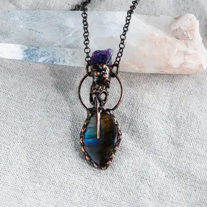 Mystic Crystal Set – Clear Quartz Star & Moon Pendant + Amethyst & Labradorite Necklace + Labradorite Ring | Vintage Bronze Finish