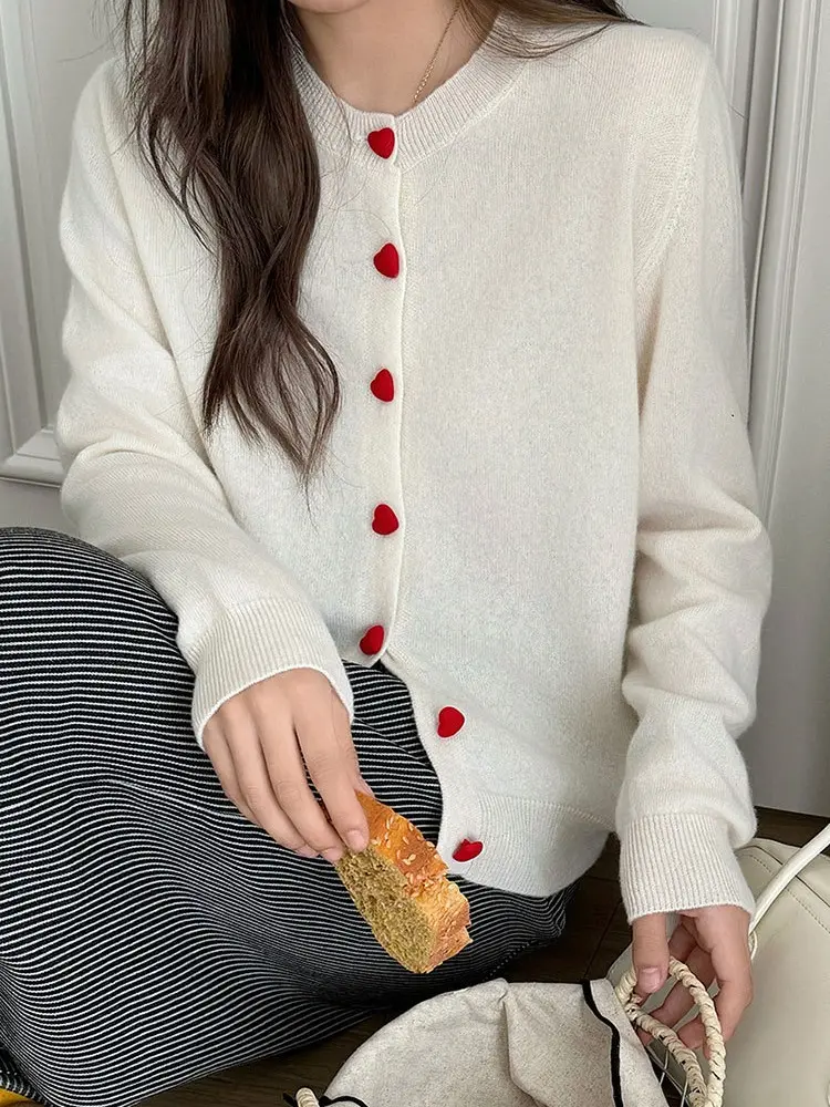 Women's Vintage Cardigan Sweater, Soft Plush Knit with Heart-Shaped Buttons, Fitted Long Sleeve Round Neck Top for Fall Winter, Women's Clothes, Piece, Lady, Basic, Overall, Polyester, Cotton, Elegant, Knitwear, Cashmere, Longsleeves, Medium Length, Heart
