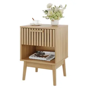 Set of 2 Boho Nightstands, Small Bedside End Table with Drawer and Open Shelf, Wood Strip Decorated Side Table for Bedroom Living Room Small Spaces