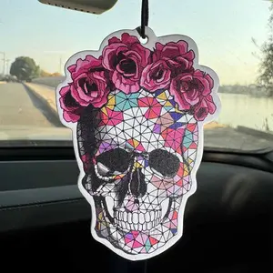 Rose Skull Halloween Car Air Freshener, Car Fragrance, Hanging Car Diffuser, Long-Lasting Scented Paper Pendant for Rearview Mirror, Stress Relief Gift Idea