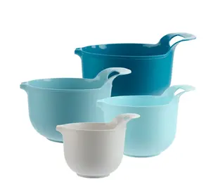 Nesting Plastic Mixing Bowl Set - 4 Piece with Pour Spouts and Handles, Blue Cookware
