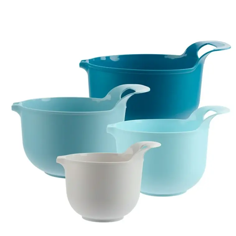 Nesting Plastic Mixing Bowl Set - 4 Piece with Pour Spouts and Handles, Blue Cookware