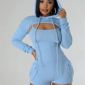 Women denim blue shorts open back Romper bodysuit detachable cropped sweater hoodie Fit Womenswear