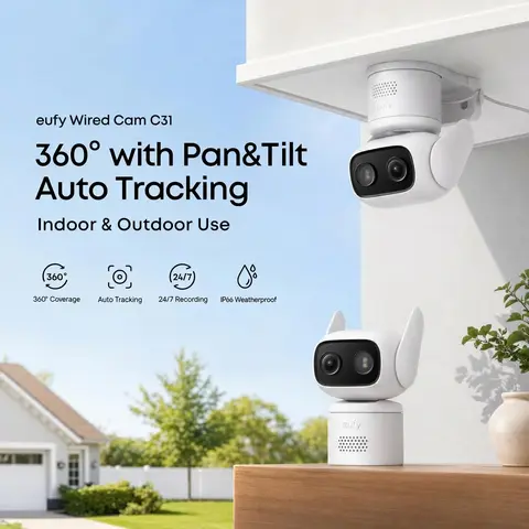 Eufy Security Wired Camera C31 Indoor Outdoor 360° Pan&Tilt, 24/7 Recording, IP66 Waterproof, Color Night Vision, AI Auto Tracking Human/Vehicle/Pet/Cry Detection, Local microSD Storage, No Monthly Fees for Wi-Fi Home Surveillance