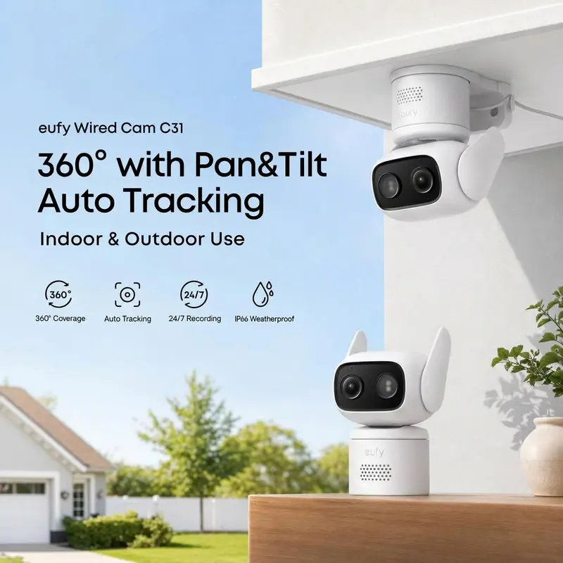 Eufy Security Wired Camera C31 Indoor Outdoor 360° Pan&Tilt, 24/7 Recording, IP66 Waterproof, Color Night Vision, AI Auto Tracking Human/Vehicle/Pet/Cry Detection, Local microSD Storage, No Monthly Fees for Wi-Fi Home Surveillance