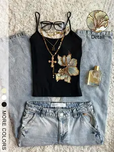 Women's Sequin Flower Halter Top, Y2K Vintage Sleeveless Blouse, Summer Streetwear & Daily, Boho Bohemian Fitted Short Dress, Everyday