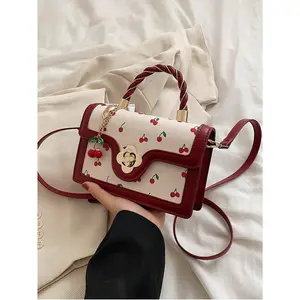 Cherry Printed Shoulder Bag Sweet Mini Crossbody Bag- Fashionable High-End Ladies Square-Shaped PU Handbag for Shopping, Dating