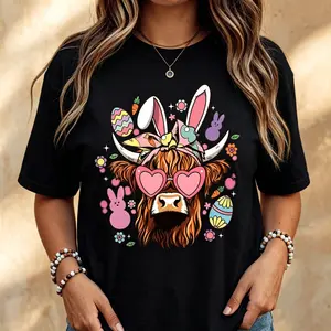 Festive Easter Cow Graphic T-Shirt, Lovely Colorful Egg Peeps Element Casual Tee, Comfort Slim Fit Style, Nice Daily Outfit For Ladies Spring Leisure Occasions