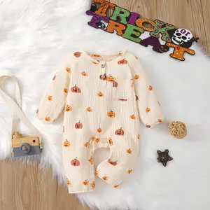 Baby Halloween Jumpsuit | Pumpkin Print O-Neck Long Sleeve Romper + Buttons | Unisex 0-18M