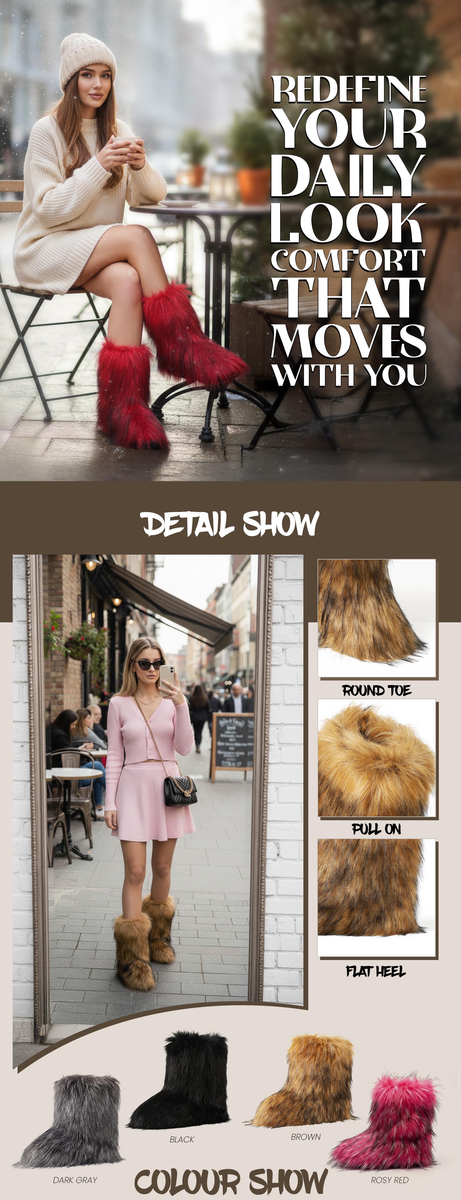 VIMISAOI Faux Fur Boots For Womens Mid Calf Round Toe Flat Heel Pull On Snow Boots Fluffy Shaggy Fuzzy Warm Cozy Apres Ski Bunny Chilly Day Booty Trendy Fashion Holiday Party Casual Winter Comfortable Fashion Shoes