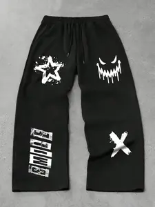 "Black dark graffiti style wide-leg sweatpants - Y2K eerie avant-garde street style pants | splashed ink stars + eerie smile + reversed 'smile' pattern | drawstring waistband | comfortable loose fit | perfect for alternative style enthusiasts, casual trav