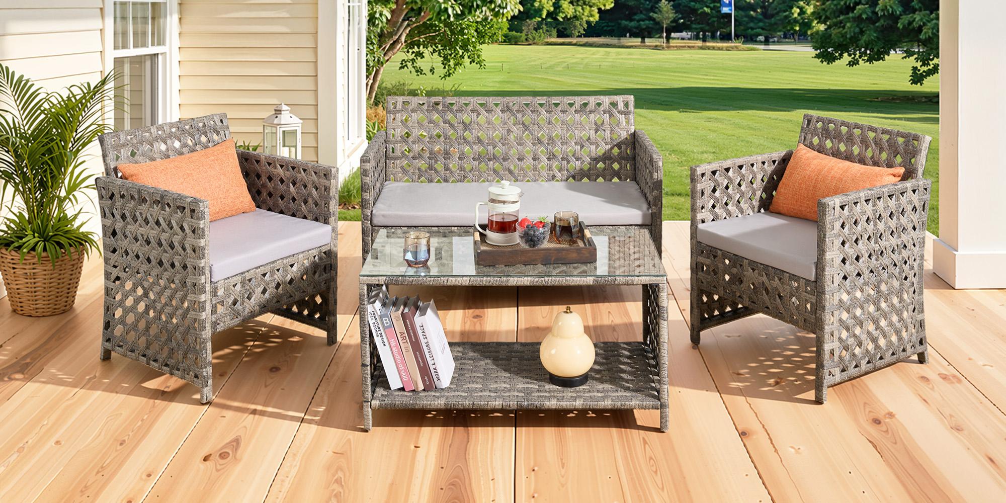 4-Piece Patio Conversation Sofa Set–Outdoor Sectional Wicker Furniture with Coffee Table, Perfect for Garden,Yard, Pool, High Backrest&Thicker Cushion, All-Weather Waterproof, Affordable Loveseat