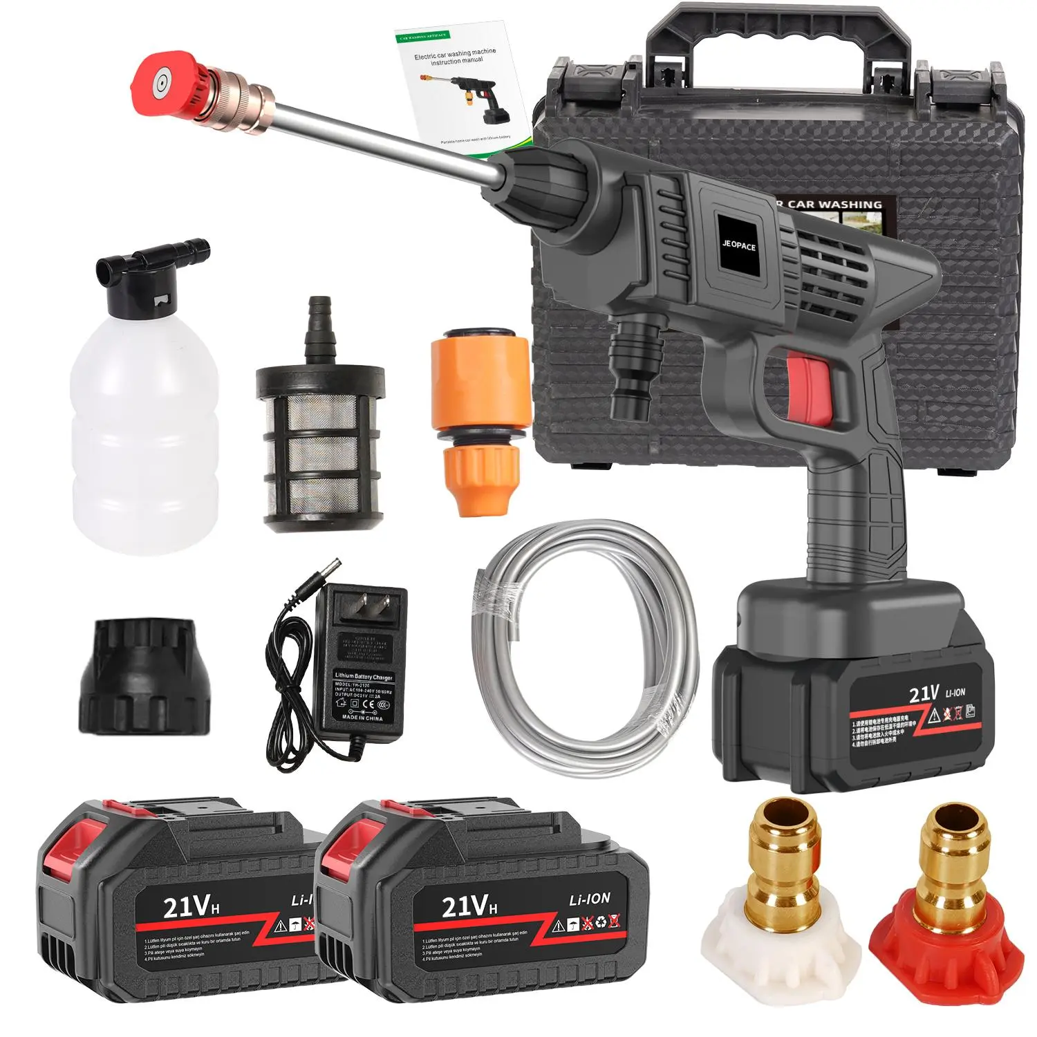 Portable high-pressure water gun, comes with 2 pieces of 21V batteries and 4 nozzles, 3 modes. The water filter device enables use in lakes. Suitable for courtyards, outdoor spaces, cars, bicycles and foam cleaning. washer