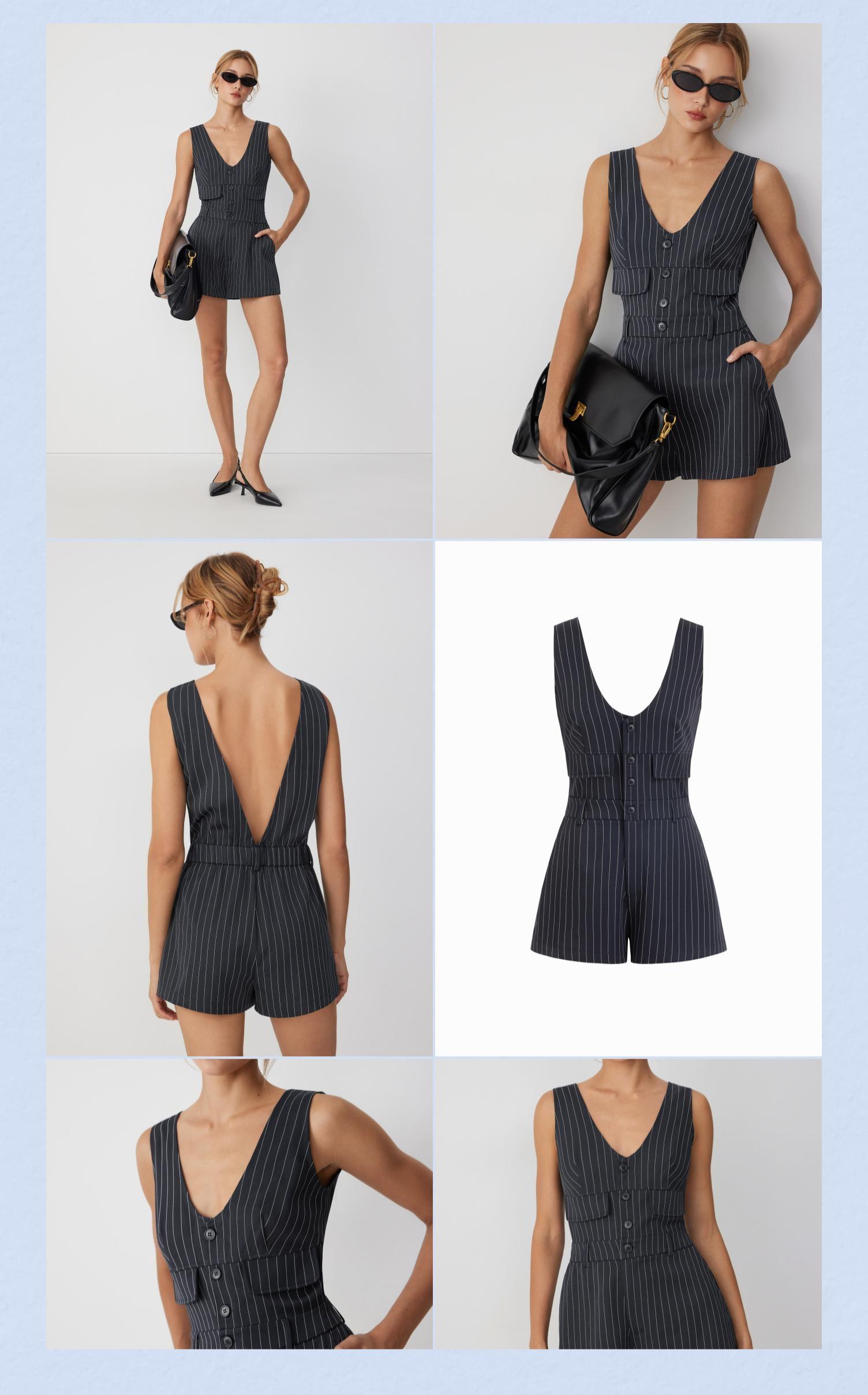 Cider Women's Chic Fashion Striped V-Neck Sleeveless Mid-Rise Above-the-Knee Casual Overalls with Flap Pockets