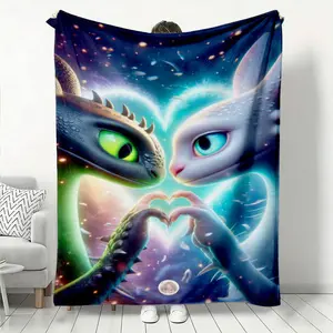 How to Train Your Dragon Flannel Blanket, Black Toothless and White Light Fury with Heart-Hand Gesture Pattern, English Movie Themed Soft and Warm Throw, Skin-Friendly Cozy Blanket for Bedroom Liv, Couple Blanket