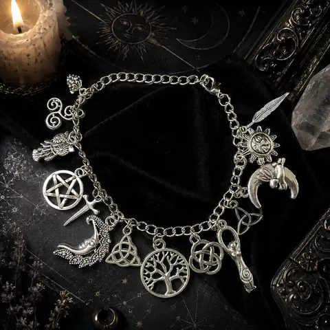 Vintage Witchy Charm 2-in-1 Bracelet & Anklet - Silver-Tone Pagan-Inspired Jewelry with Moon, Sun, Tree of Life, Owl, Pentagram Charms - Celestial Gothic Boho Gift (Celestial Theme, Dark Romance Vintage, Moon and Sun Symbol, Mystery Bracelets & Bangles)